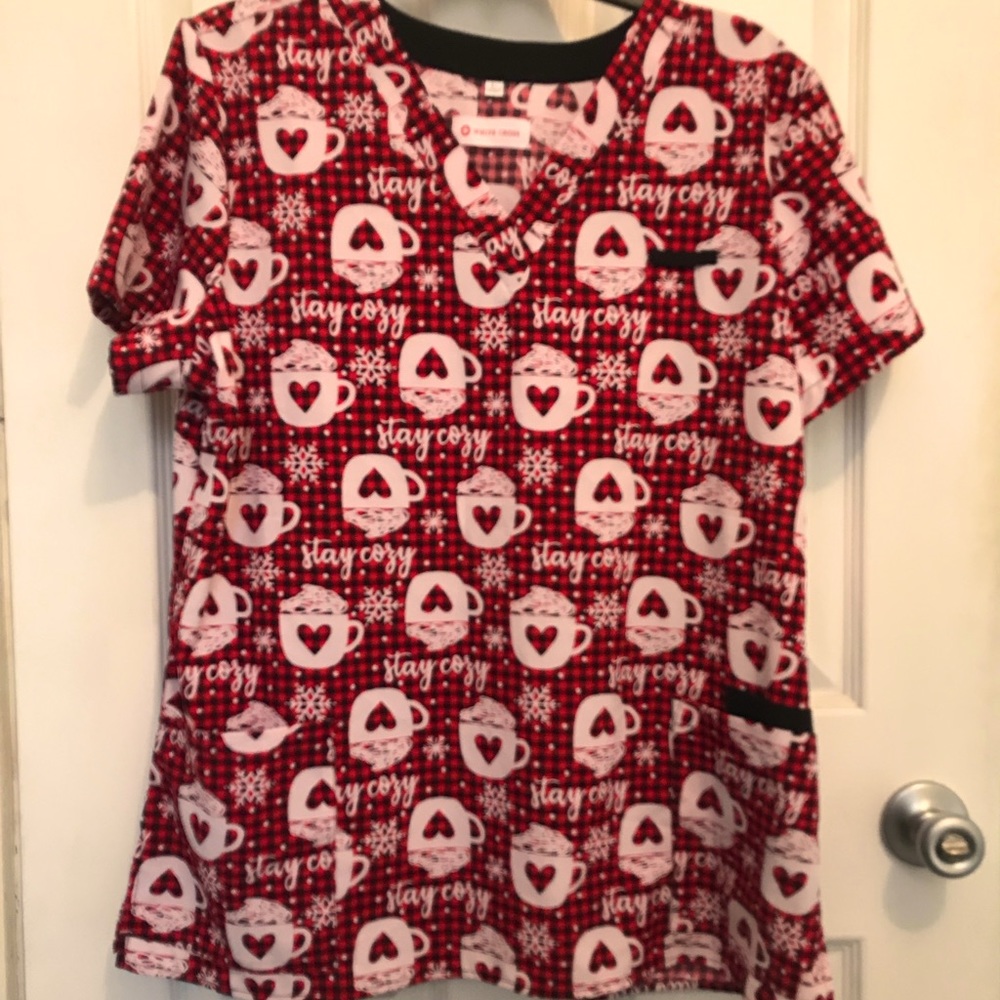 White Cross Christmas Scrub Top